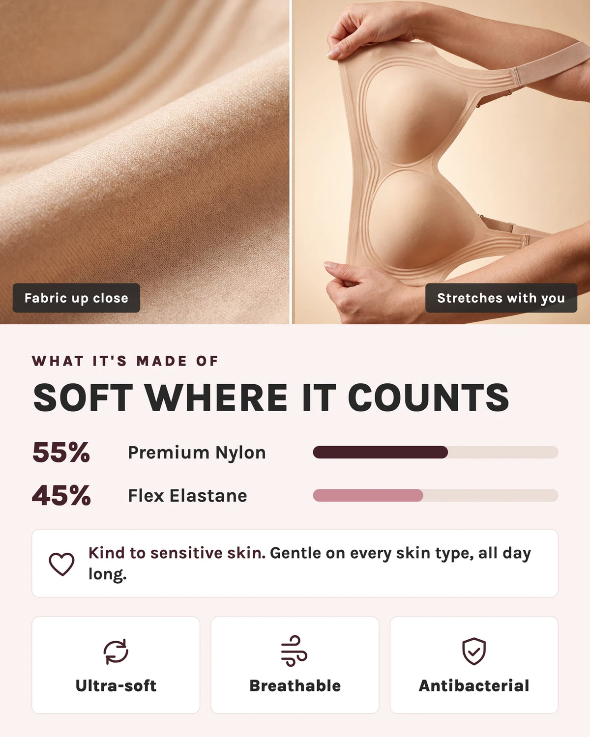Composition: 55% premium nylon, 45% flex elastane, kind to every skin type