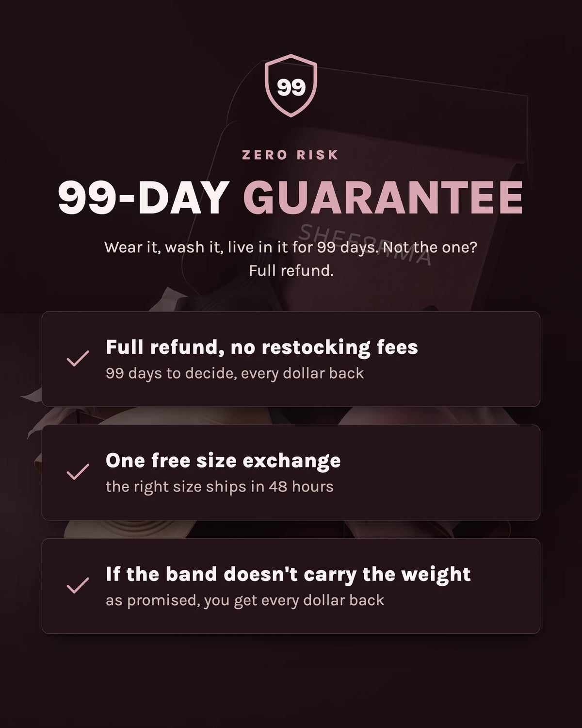 Guarantee: 99-day money back, free size swap