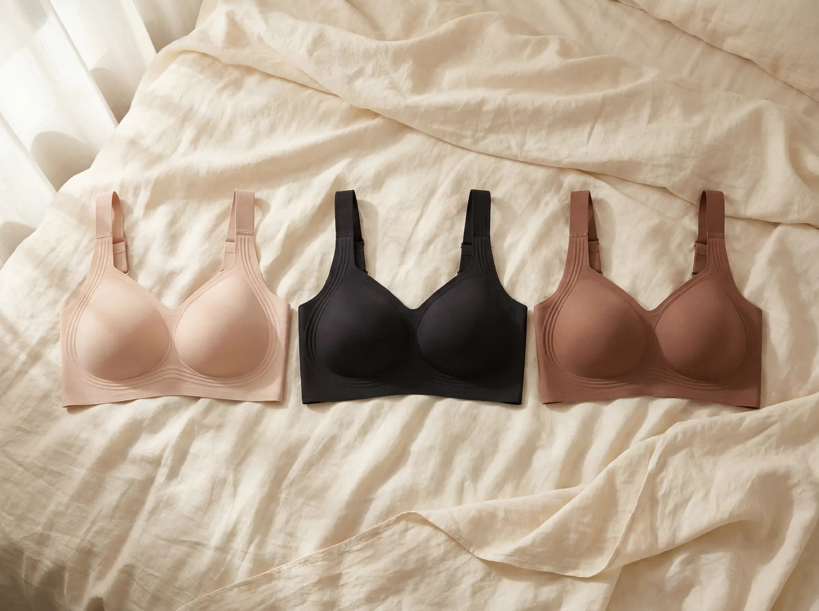 The SHEFORMA Jelly Bra Full Cover in Nude, Black and Coffee arranged in a row on cream linen