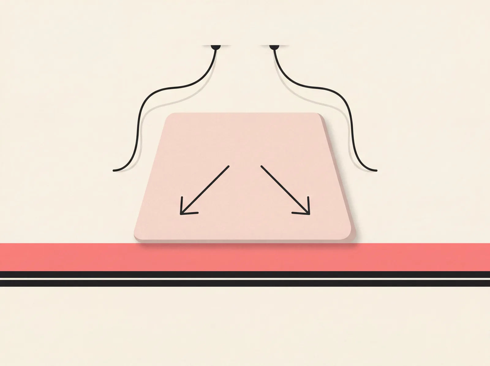 Flat schematic: the same weight now rests on a wide coral band; the straps hang slack above it and a double grip line locks the band's bottom edge flat